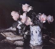 Samuel John Peploe, Roses in a Blue and White Vase,Black Background